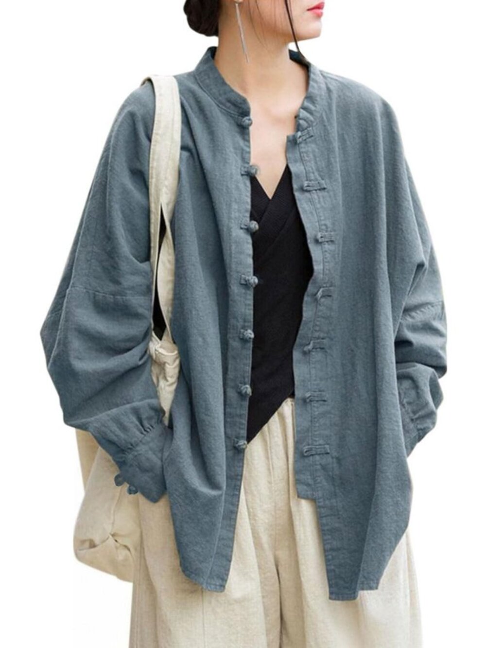 Linen Oversized Shirt Jacket with Frog Buttons for Women - Stylish & Comfy
